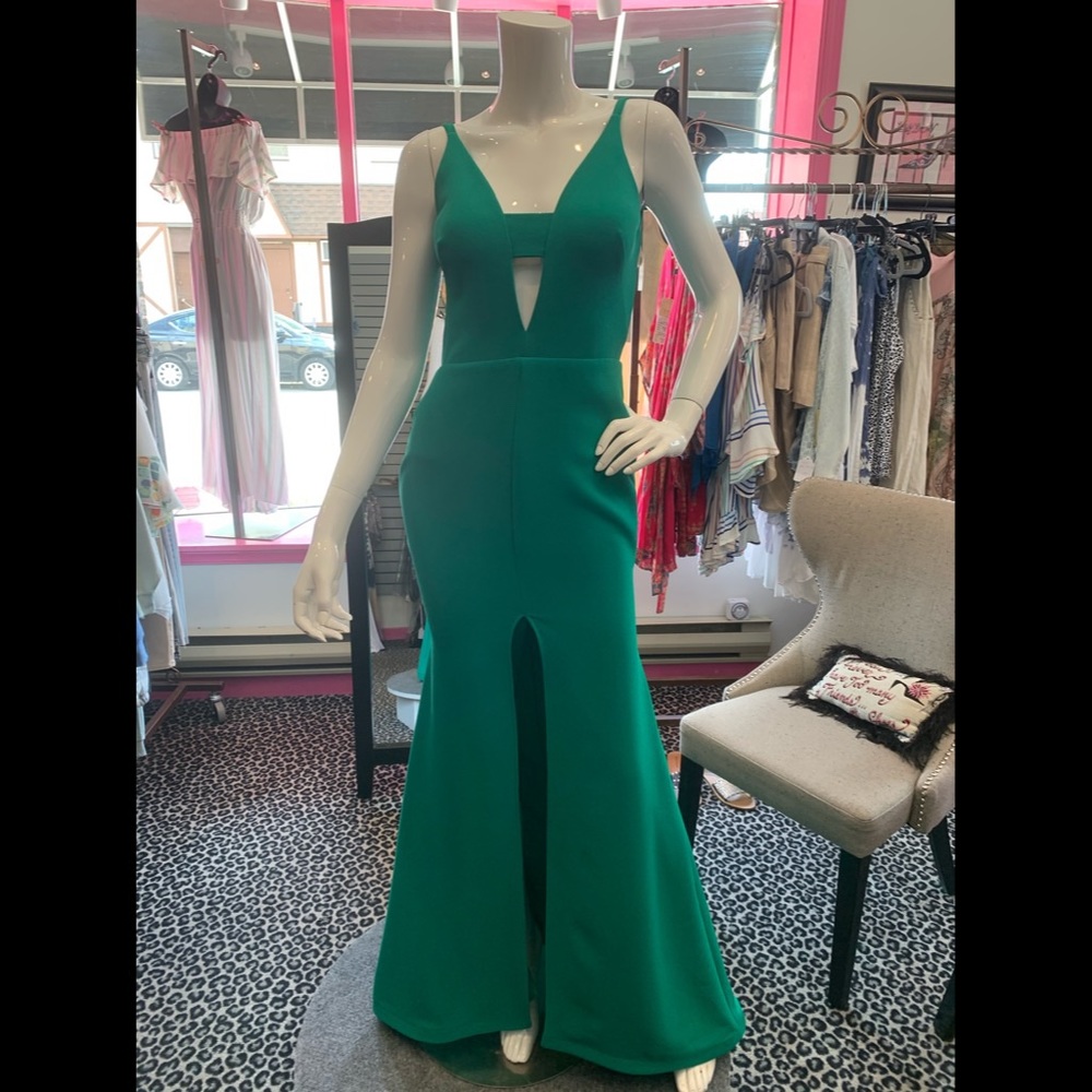 Emerald green v neck gown